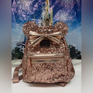 Disney Parks Loungefly Minnie Rose Gold Sequin  Backpack OG Heart Logo